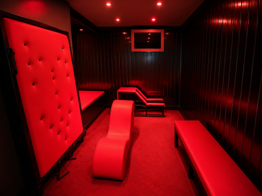 A dimly lit room with red lighting, featuring sleek, modern seating and a padded wall.